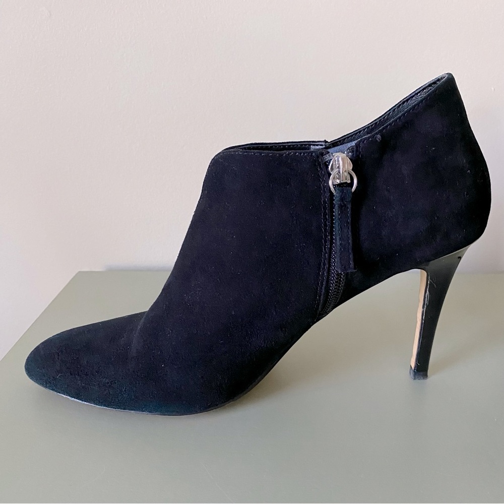 WHBM- MILA Bootie, Black Suede, Shiny Heel with Metallic Accent. Size 8M